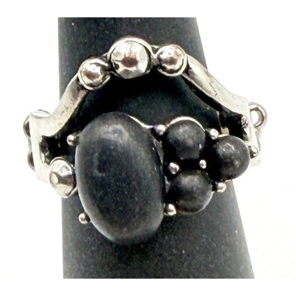 Black Stone Stretch Ring Silver Tone Adjustable‎ 6.5–7.5 Vintage Style